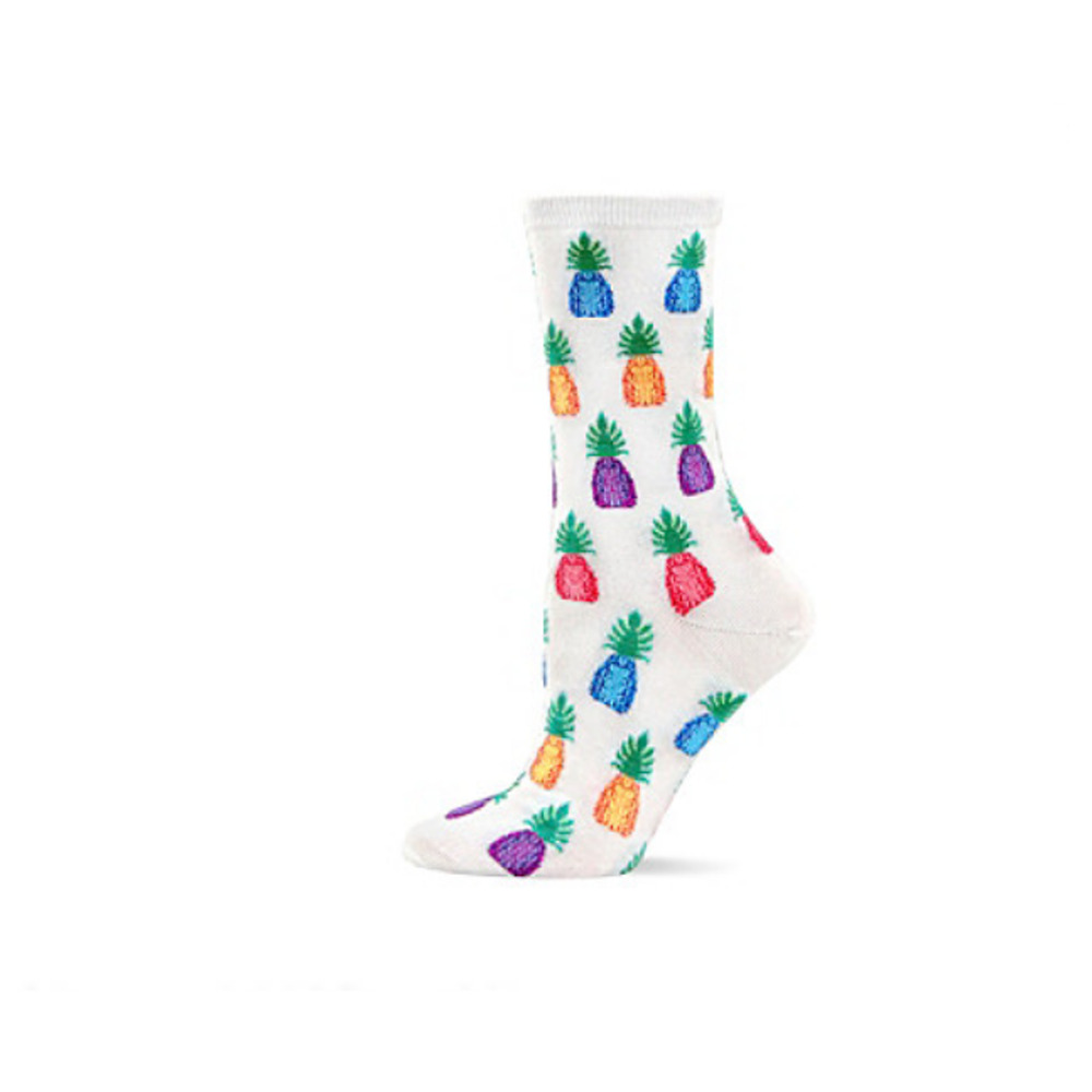 Hot Sox Women Pineapple Crew Socks White Shoe Size 4-10.5